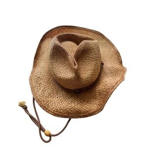 Natural Straw Cowboy Cowgirl Med Hat Western Pinch Front Wide Brim Chin Strap